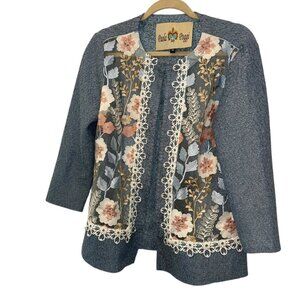 paola poggi blue chambray floral lace detialing balzer jacket 36 M